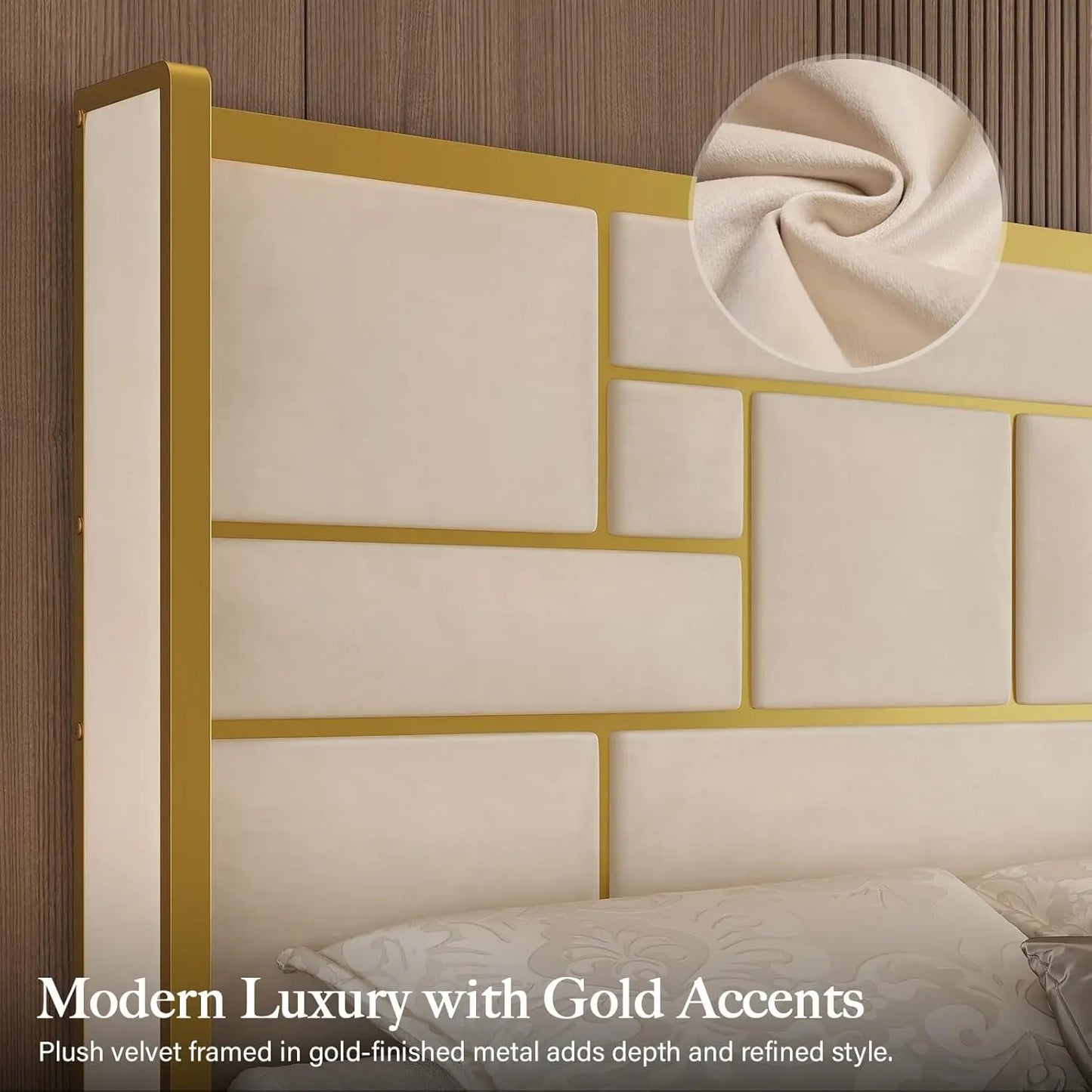 King Bed Frame with 55" Tall Velvet Headboard – Gold Trim