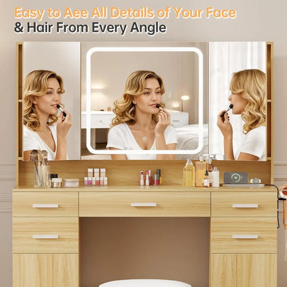 Tri‑Fold Vanity Mirror with 9 Drawers, LED Lights & Stool