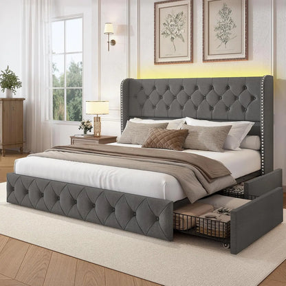 King Velvet Platform Bed w/ LED & 4 Storage Drawers