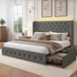 King Velvet Platform Bed w/ LED & 4 Storage Drawers