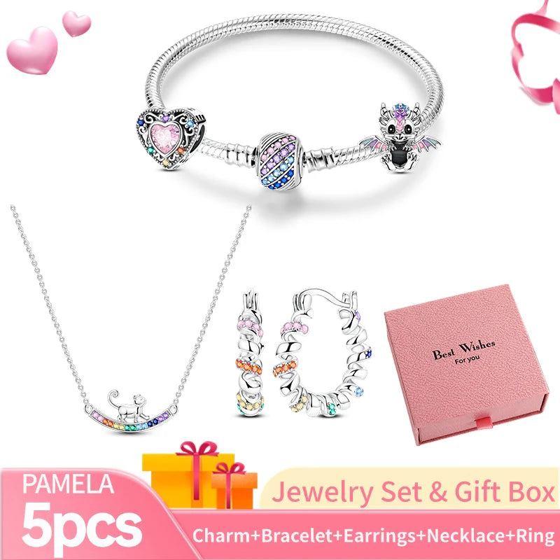 Pink Heart Bracelet Set 925 Silver Original Flower Ring Butterfly Earrings & Gift Box For Women Wedding Jewelry Best Wish 5pcs