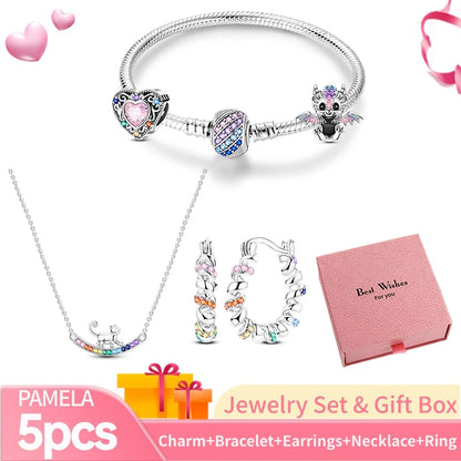 Pink Heart Bracelet Set 925 Silver Original Flower Ring Butterfly Earrings & Gift Box For Women Wedding Jewelry Best Wish 5pcs
