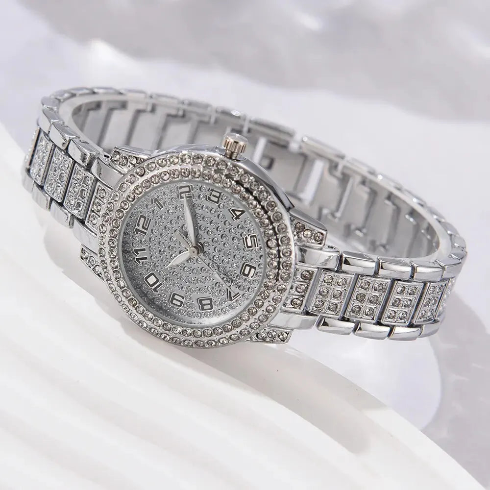 6PCS Women's Luxury Elegant Alloy Crystal Wristwatch, Rhinestone Bracelet, Neckless, Ring