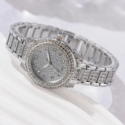 6PCS Women's Luxury Elegant Alloy Crystal Wristwatch, Rhinestone Bracelet, Neckless, Ring
