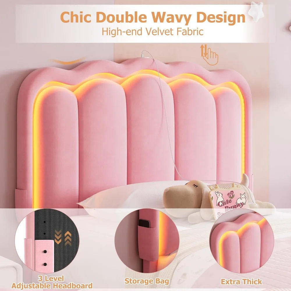 Twin Princess LED Upholstered Bed with Wavy Headboard & Storage Drawer