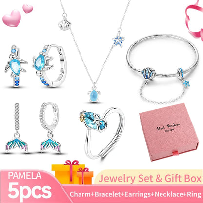 Pink Heart Bracelet Set 925 Silver Original Flower Ring Butterfly Earrings & Gift Box For Women Wedding Jewelry Best Wish 5pcs