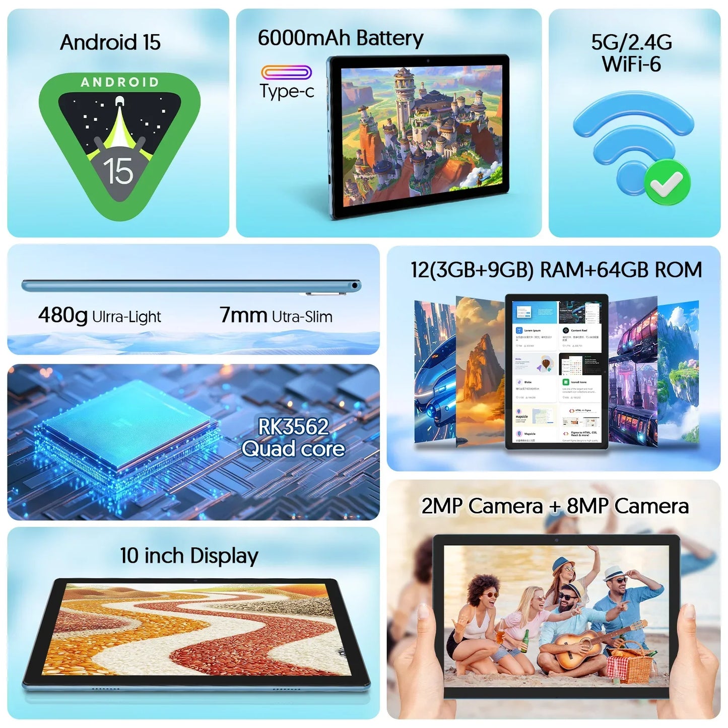 10" Android 15 Tablet (12GB+64GB)