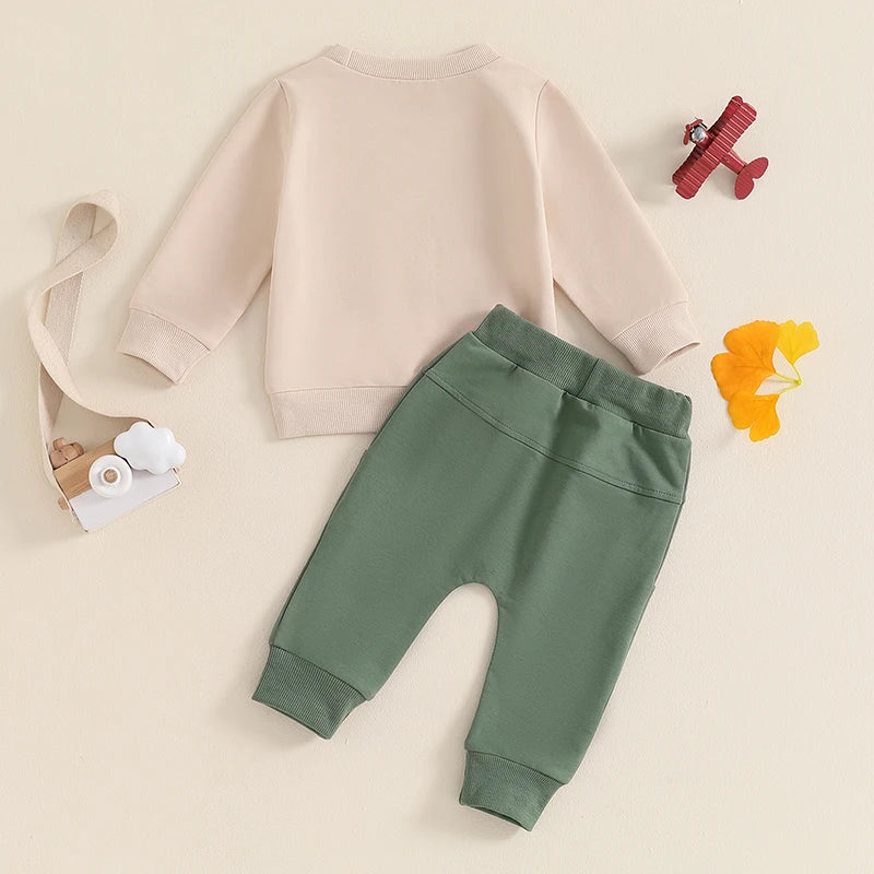 Boys Fall Set Letter Tractor Print Long Sleeve Round Neck Tops Drawstring Pocket Long Pants Outfits