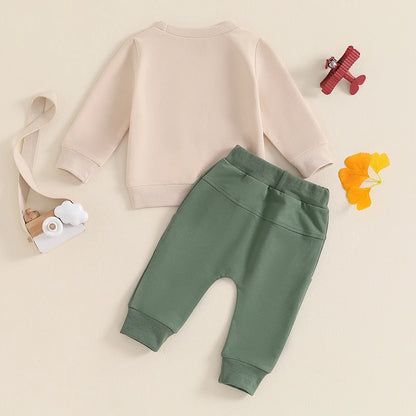 Boys Fall Set Letter Tractor Print Long Sleeve Round Neck Tops Drawstring Pocket Long Pants Outfits