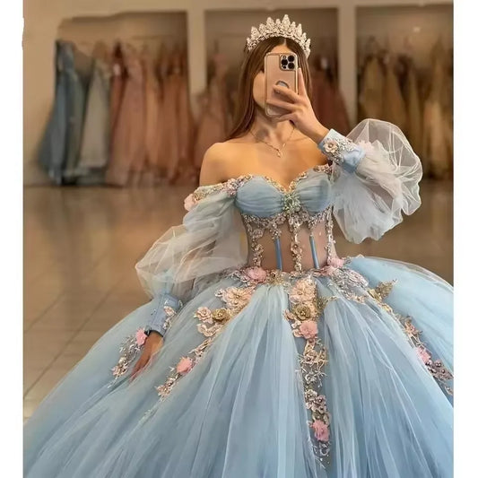 Light Blue Lace Quinceañera Ball Gown by Bomaris – Long Sleeves, Custom Princess 15 Años Dress