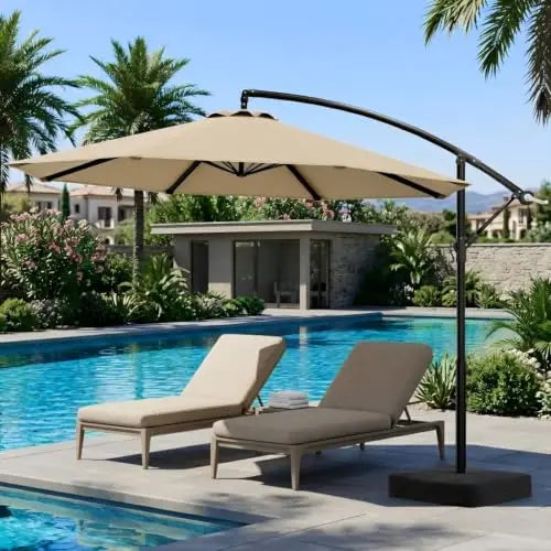 10FT Cantilever Umbrella with Base — 360° Rotation & Infinite Tilt