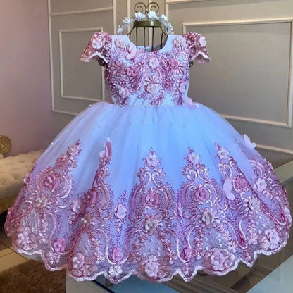 Custom Pink &amp; Purple 3D Floral Flower Girl Dress (Wedding · First Christmas · Birthday Party · Cap Sleeves)