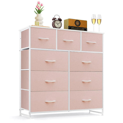9‑Drawer Tall Bedroom Dresser with Wooden Top & Fabric Bins