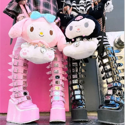 Women Boots Cosplay Ladies High Heel Platform Wedges Women High Boots Gothic Buckle Strap Long Tube Leather Female Boots Plus Si