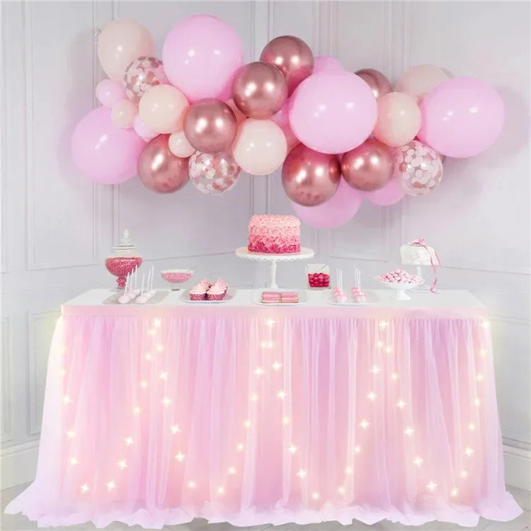 Tulle Table Skirt with LED Lights 6FT Table Cloth for Baby Shower Wedding Birthday Party Bar Home Table Valentine's Day Decor
