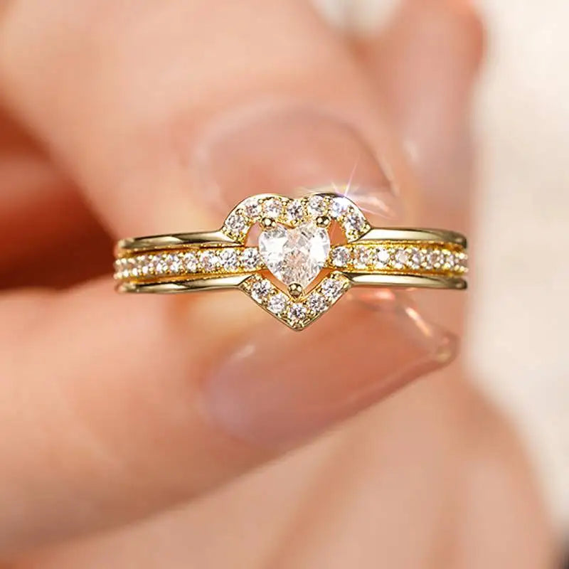 Romantic Heart Shaped Women Ring Gold Color/Silver Color Jewelry with Shiny CZ