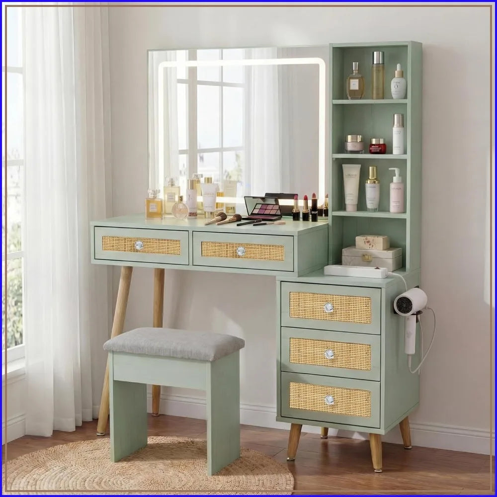 Boho Rattan Vanity with 3‑Mode LED Mirror & Stool – Mint