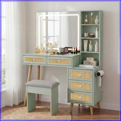 Boho Rattan Vanity with 3‑Mode LED Mirror & Stool – Mint