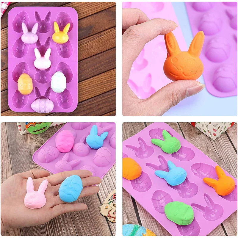Easter Silicone Molds Chocolate Mold Food Grade Non-Stick Egg Molds Bunny Silicone Molds for Baking Jelly Cake Making Supplies