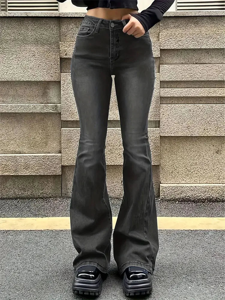 Women’s Flare Stretch Moustache Jeans – High‑Waist Gray Skinny Bell‑Bottom Denim Pants, Classic Y2K Punk Long Trousers