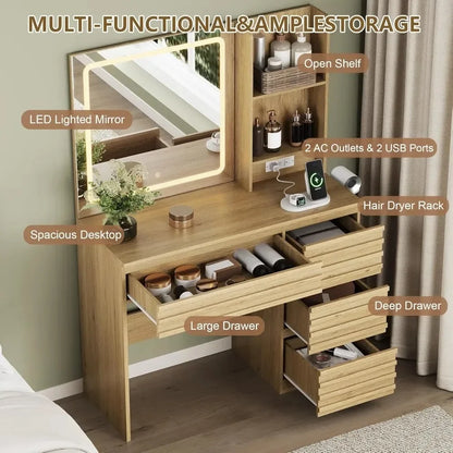 LED Vanity Desk with Adjustable Mirror & Power Station