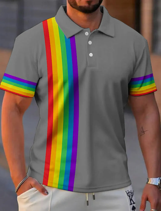 Men’s Rainbow Graphic Polo – Button‑Up Short Sleeve Shirt