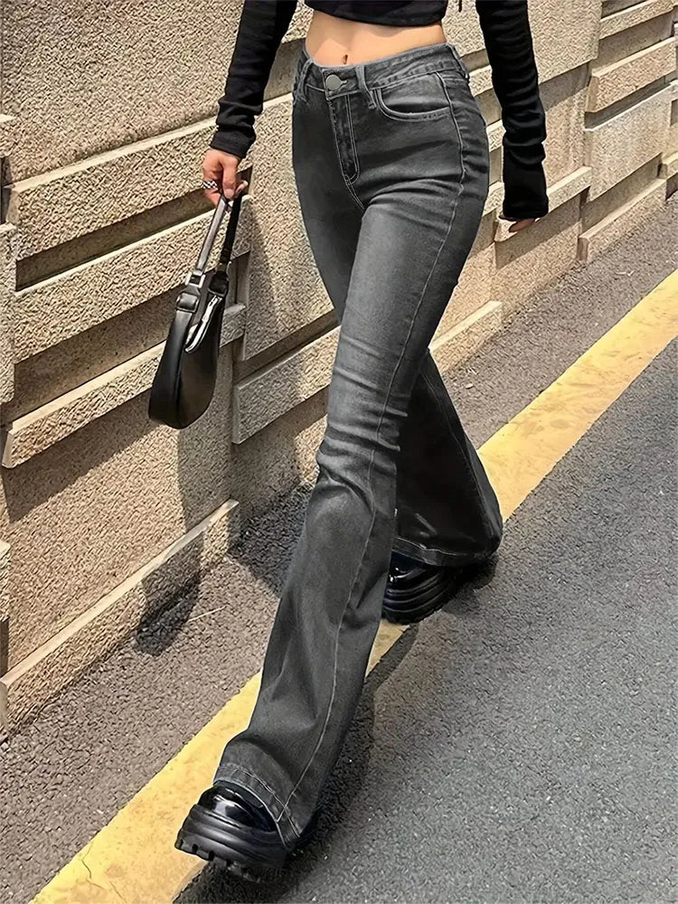 Women’s Flare Stretch Moustache Jeans – High‑Waist Gray Skinny Bell‑Bottom Denim Pants, Classic Y2K Punk Long Trousers