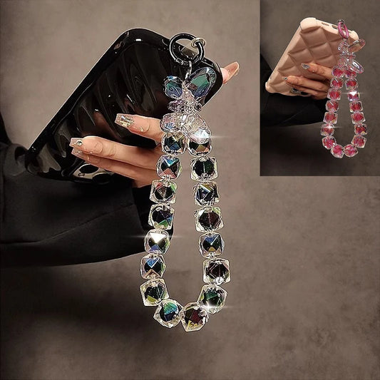 Shinning Bracelet Crystal Acrylic Butterfly Phone Charms Hanging Wrist Strap Mobile Phone Lanyard