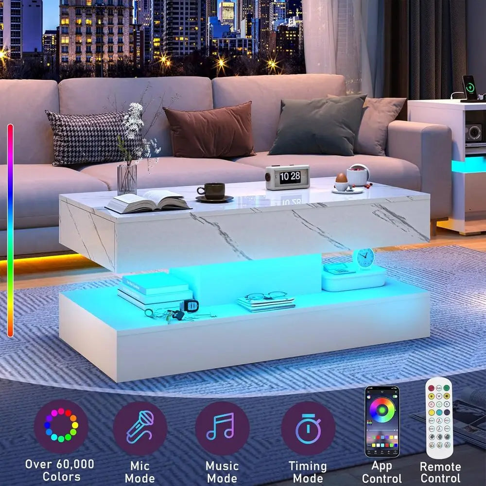39.4" High‑Gloss LED Coffee Table with Sliding Drawers – Marble Print