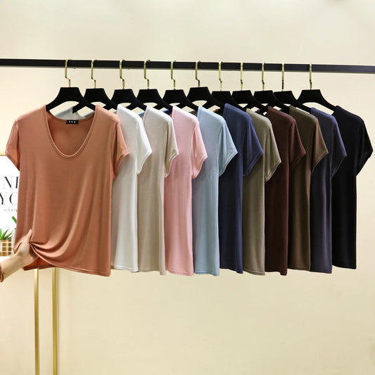 Women’s Plus Size U‑Neck Modal T‑Shirt (L–6XL) – Short Sleeve Solid Color Loose Tee