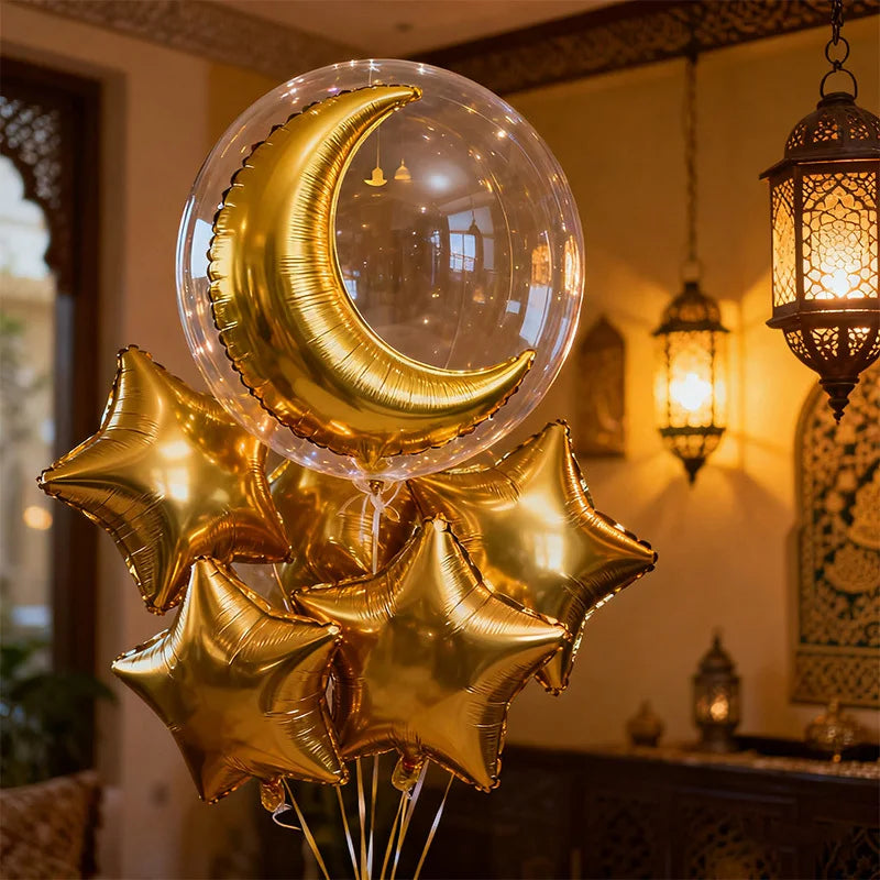 11‑Piece Golden Moon & Star Foil Balloon Set – Ramadan & Eid Party Decorations