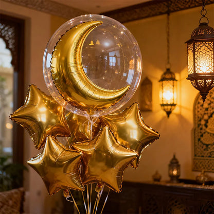 11‑Piece Golden Moon & Star Foil Balloon Set – Ramadan & Eid Party Decorations