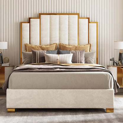 Queen Velvet Bed Frame with Gold Trim Headboard (Custom)