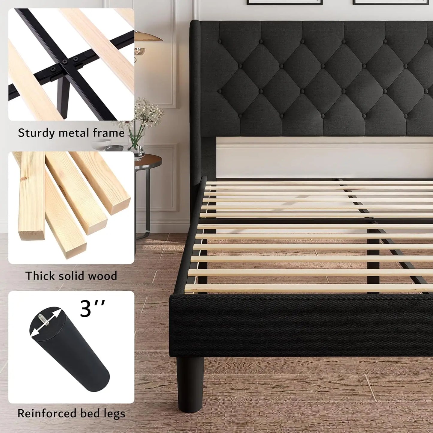 Queen Size Platform Bed Frame with Button Tufted Headboard, Upholstered Bed Frame with Solid Wooden Slats, 8", Customized