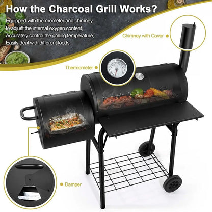 Charcoal Grill with Offset Smoker (Outdoor BBQ, Camping &amp; Backyard Use)