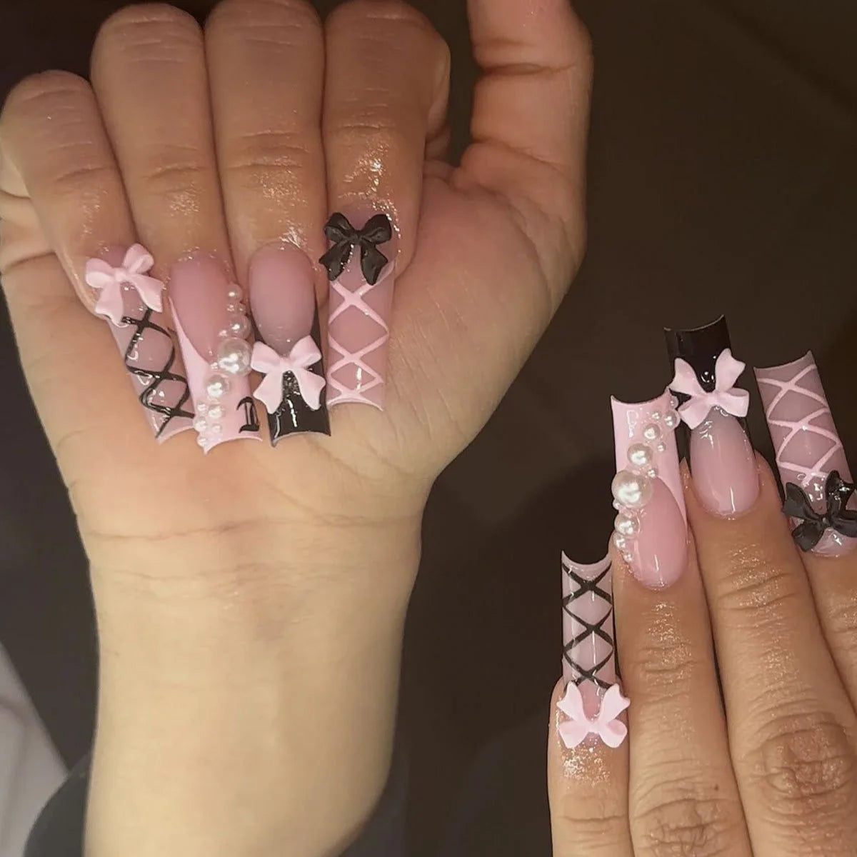 24Pcs Gold French Border False Long Coffin Press on Nails with Rhinestones Ballerina Full Cover
