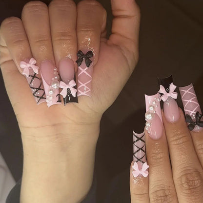 24Pcs Gold French Border False Long Coffin Press on Nails with Rhinestones Ballerina Full Cover