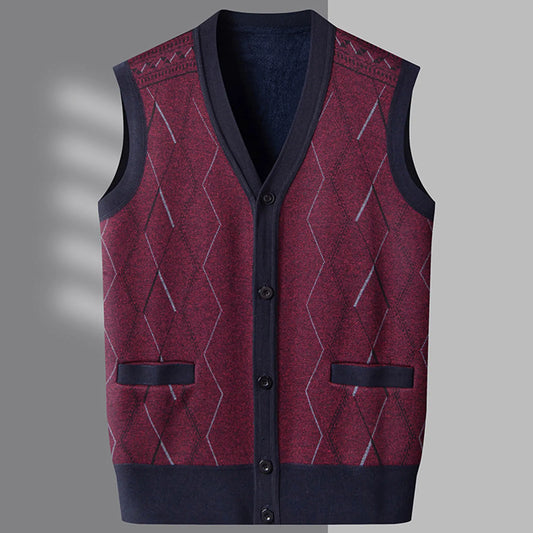 Men'S Autumn And Winter Middle Thickened Knit Vest Plus Fleece Fashion Printed Loose V Neck Cardigan Sweatercoat For Men Trendy
