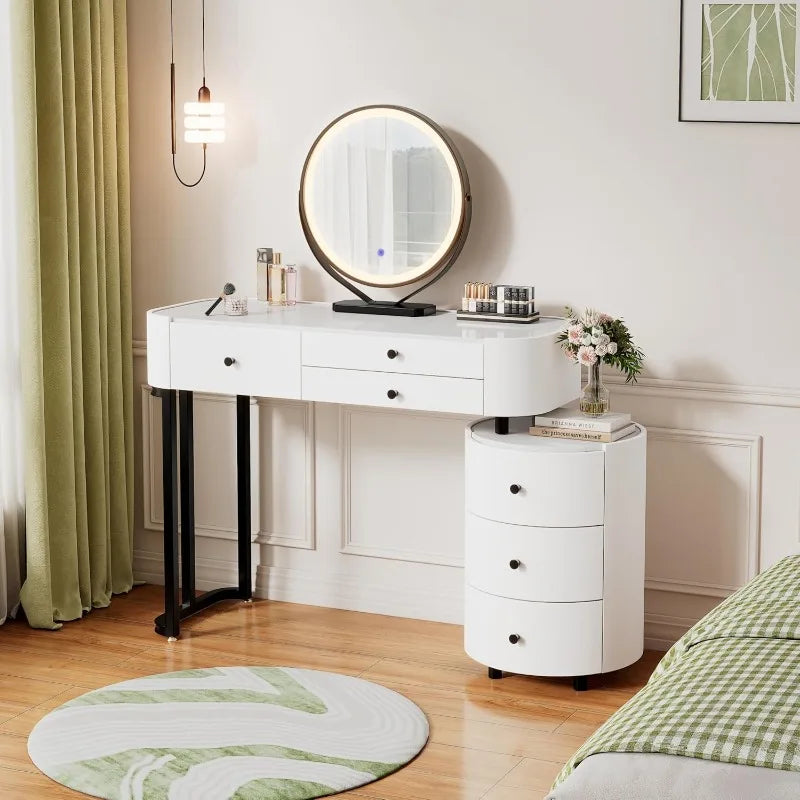 Round‑Mirror Vanity Desk with Lights — 6‑Drawer Makeup Table