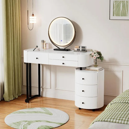 Round‑Mirror Vanity Desk with Lights — 6‑Drawer Makeup Table