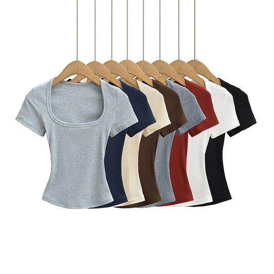 Elastic Square Neck Slimming Summer T‑Shirt