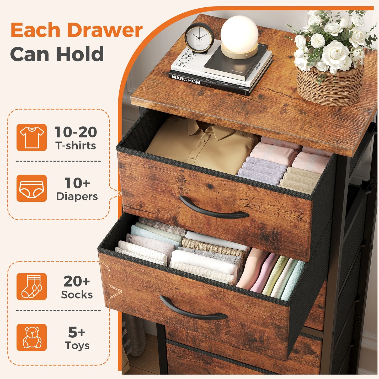 Tall 6‑Drawer Fabric Dresser with Wood Top & Metal Frame