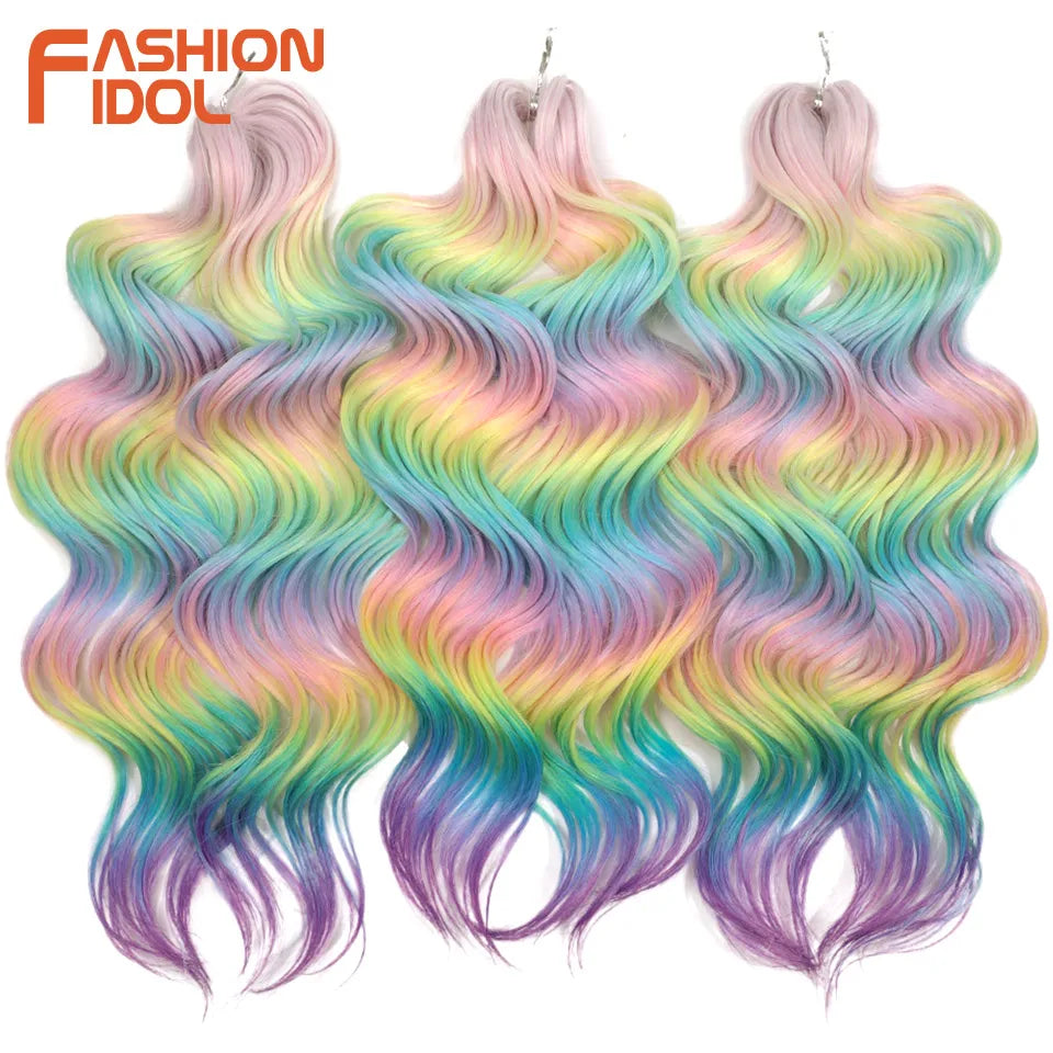 FASHION IDOL 24inch 300g/3pcs Deep Wave Crochet Hair Synthetic Water Wave Braiding Hair Ombre Rainbow color Fake Hair Extensions