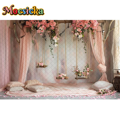 Mocsicka Photography Background Spring Indoor Wreath Cradle Decor Wedding Maternity Adult Kids Portrait Backdrop Photo Studio