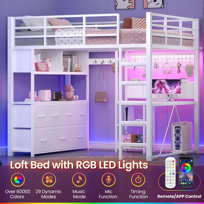 Full Loft Bed w/ L‑Desk, 7 Drawers, LED & USB — White