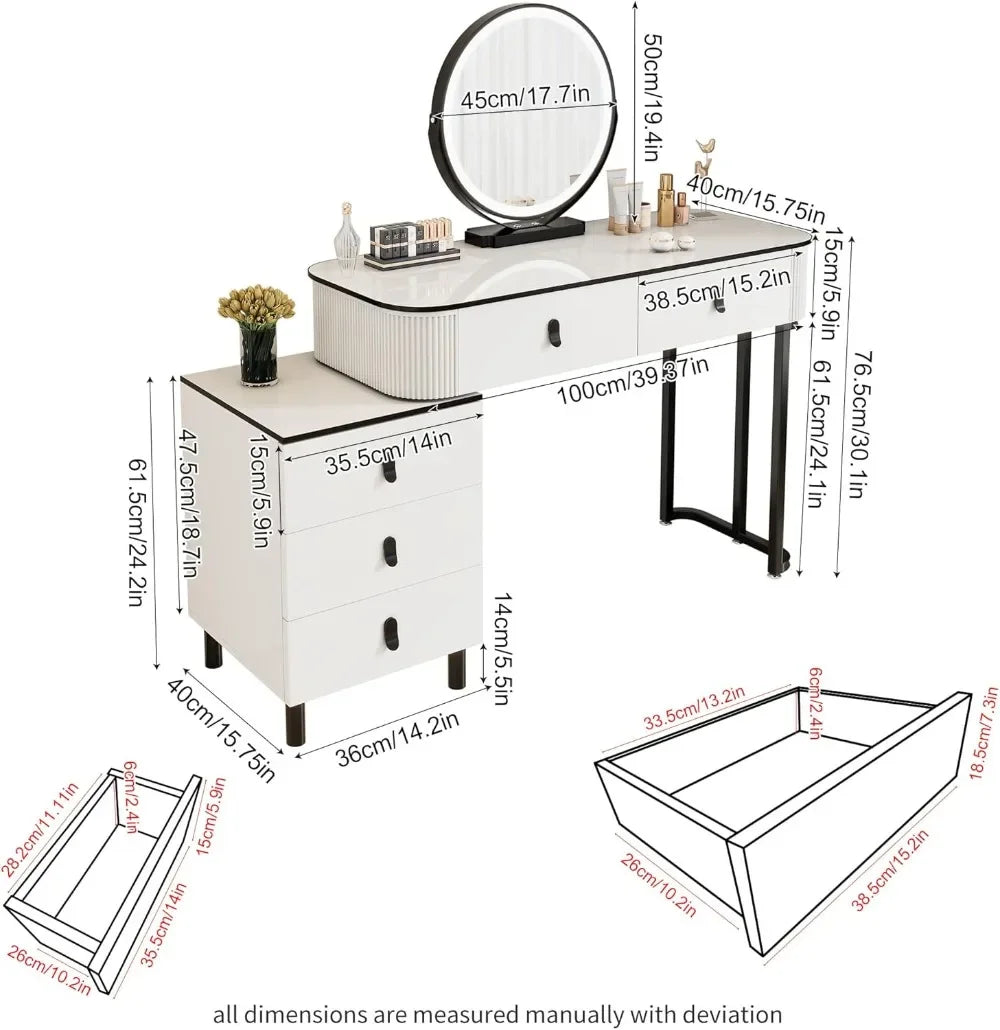 Modern LED Vanity Desk — Mirror, Drawers & Adjustable Cabinet