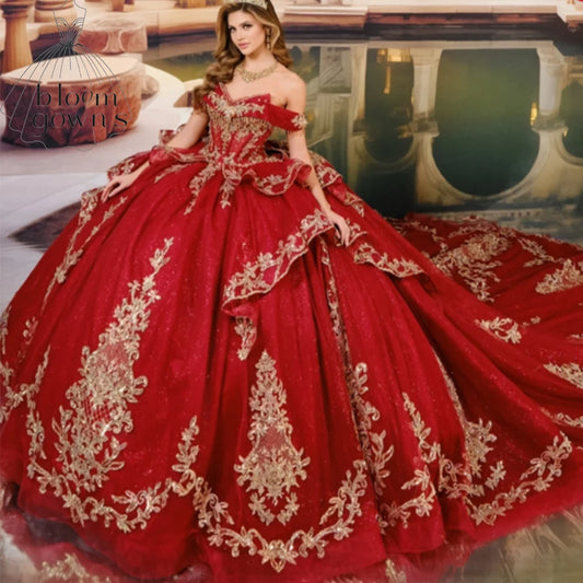 Customized Mexican Red Quinceanera Dress Ball Gown Gold Lace Applique Beading Tiered Sweet 16 Vestido De 15 Anos