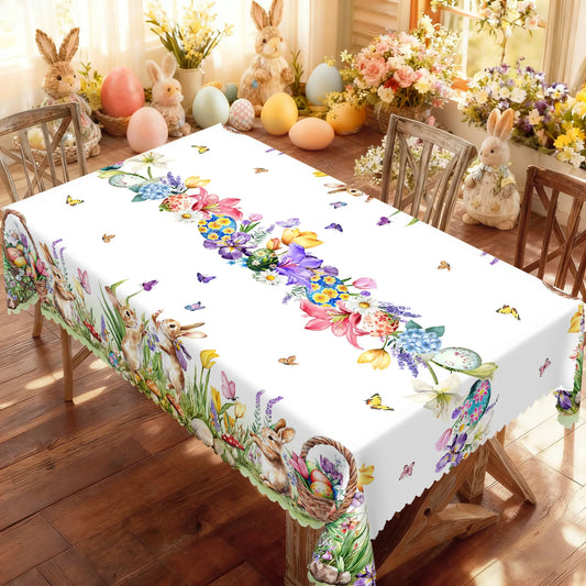 1 Piece of Easter Round Tablecloth, Available in Various Sizes, Featuring a Fresh Floral Border with Wildflowers and Multicolored Eggs in a Pink and Purple Interweaving Pattern, Paired with a Soft and Cute Bunny among the Gra