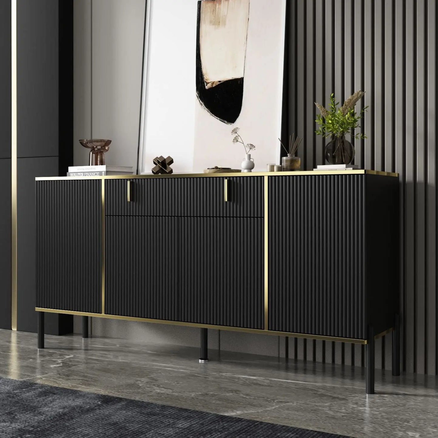 63" Modern Sideboard with Drawer & Pop‑Up Doors – Metal Legs