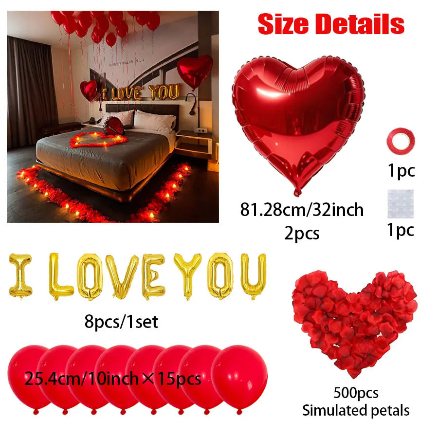 Golden I LOVE YOU Balloon Set with Simulated Petals 32 inch Heart shaped Balloon Wedding Proposal Birthday Decoration